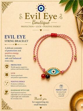 Women’s Red & White String Bracelet with Blue Eye Charm